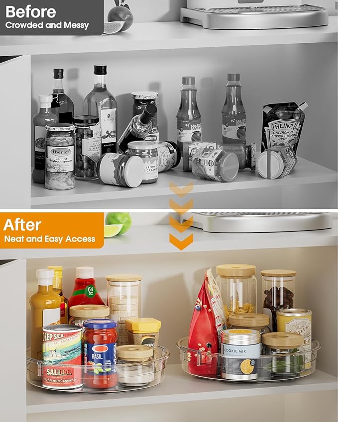 LAMU 2 Pack 12 Inch Lazy Susan Organizer Turntable for Cabinet, with High Edges to Prevent Falling, Large Clear Lazy Susan for Kitchen, Pantry, Refrigerator, Countertop, Table, Bathroom