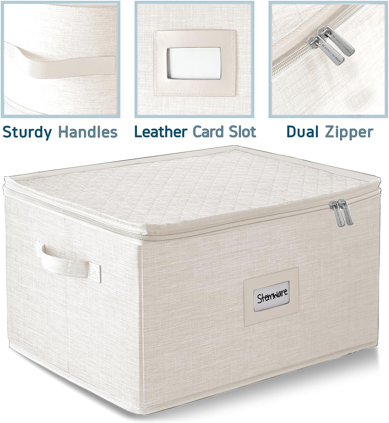 Wine Glass Storage Box with Dividers, 2 Pack Stackable Stemware Storage Cases, Service of 24 Glassware Storage Containers, Quilted China Storage Containers for Moving and Seasonal Storage, Cream