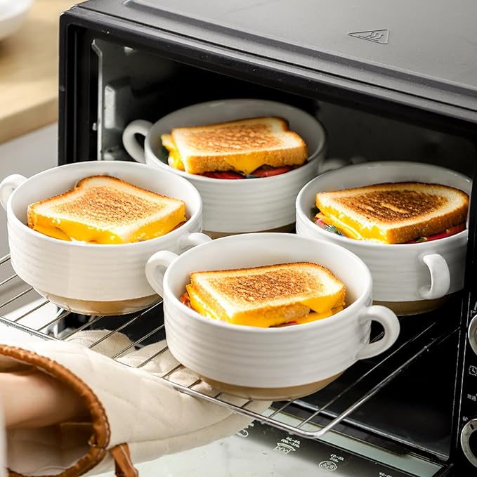 Hasense French Onion Soup Bowls, 20 oz Ceramic Soup Bowls with Handle, Stacked Oven Safe Bowl Set, Perfect for Chili, Beef Stew, Pasta, White Soup Serving Bowls for Kitchen, Set of 4