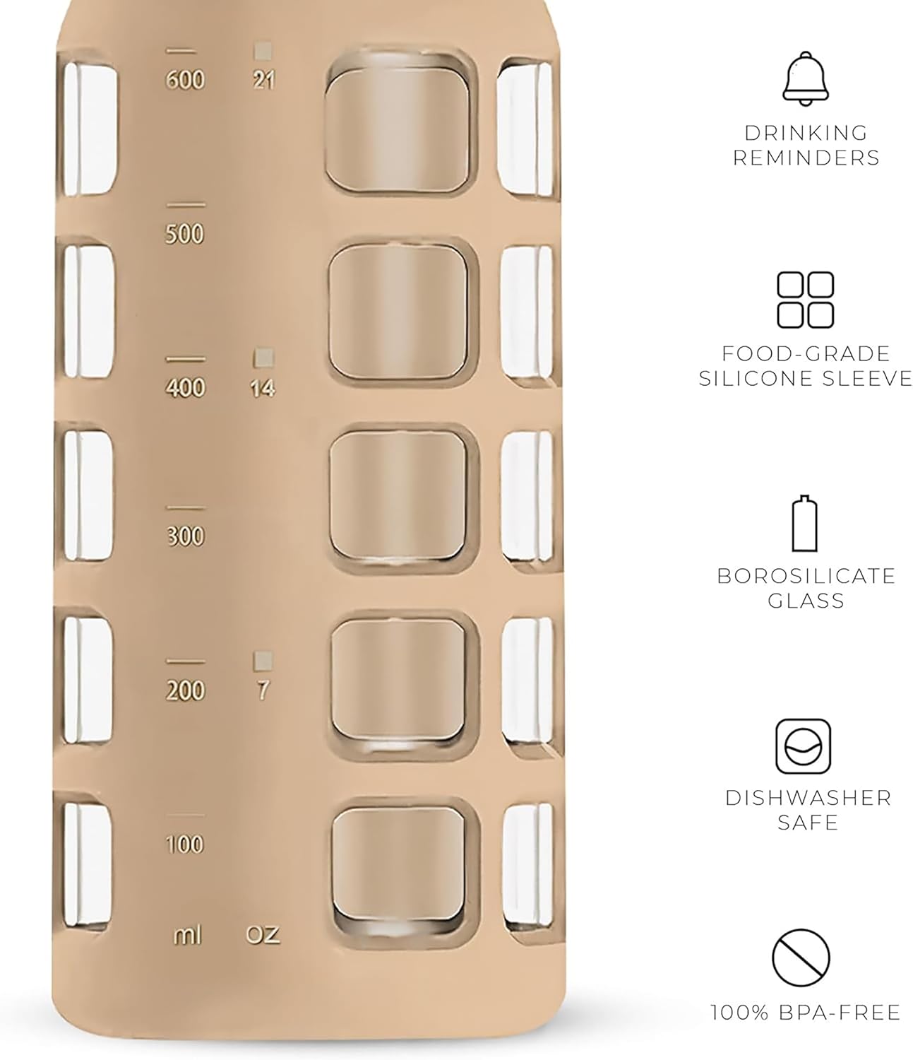 purifyou 40oz / 32oz / 22oz / 12oz Borosilicate Glass Water Bottle with Time & Volume Markers, Silicone Sleeve, Stainless Steel Lid – Reusable Glass Bottle for Water & Juice (22oz Iced Coffee)