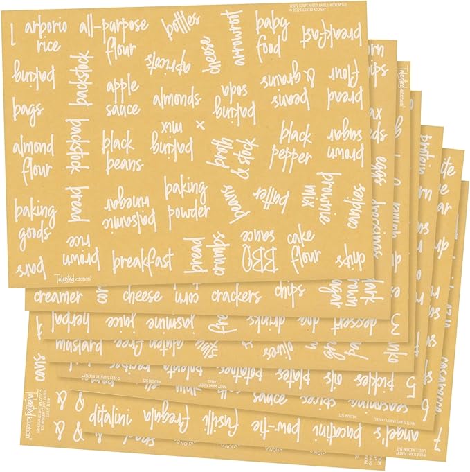 Talented Kitchen Pantry Labels for Containers (375 Pack) - White Script Pantry Stickers for Organizing Food Containers, Jars, Storage, and Bins (Water Resistant)
