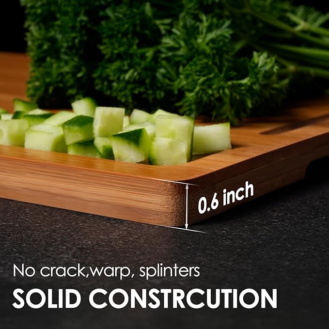 Kikcoin Bamboo Cutting Boards for Kitchen, (Set of 3) Kitchen Chopping Board with 3 Built-In Compartments and Juice Groove Heavy Duty Serving Tray Wood Butcher Block and Wooden Carving Board, Brown