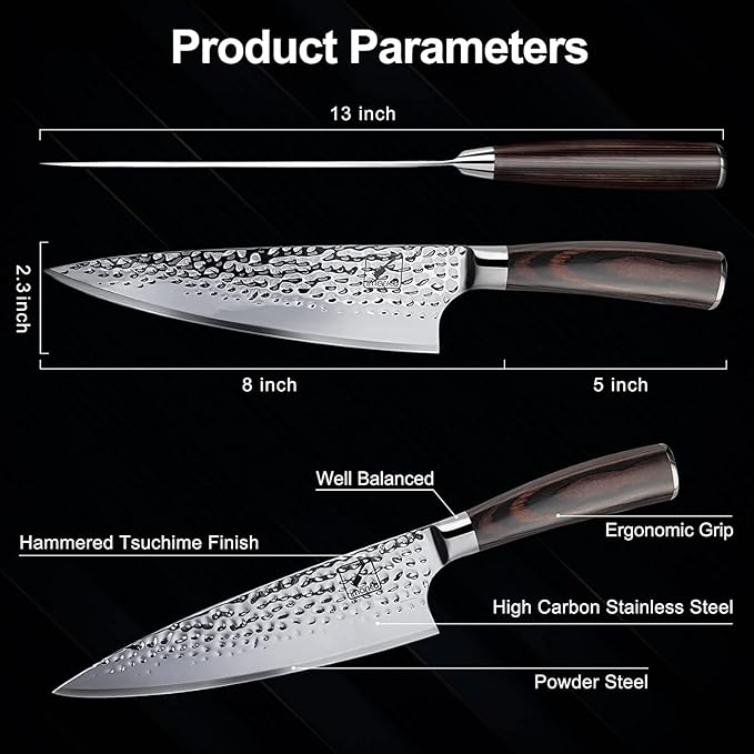 imarku Chef Knife - 8 inch Japanese Knife HC Stainless Steel Ultra Sharp Kitchen Knife Hand-Hammered Design, Damascus Chef Knife with Ergonomic Handle, Cooking Knife for Kitchen, Birthday Gifts
