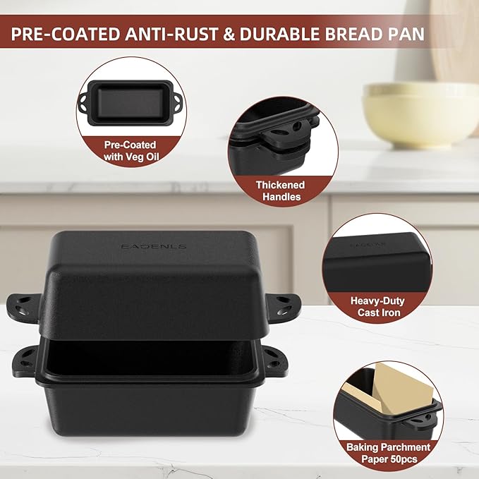9×5 Inch Cast Iron Loaf Pan with Lid, 2 in 1 Loaf Bread Baking Pans for Homemade Bread, 2 Piece Set