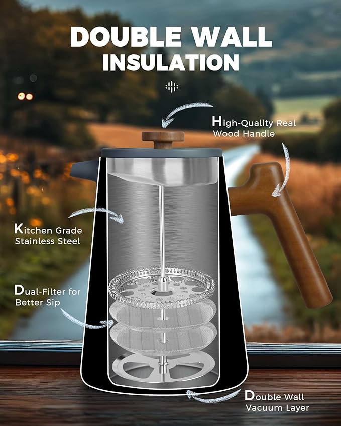 POLIVIAR French Press Coffee Maker, 34 oz Coffee Press with Real Wood Handle, Double Wall Insulation & Dual-Filter Screen, Food Grade Stainless Steel for Good Coffe and Tea, JX2025-XFPU