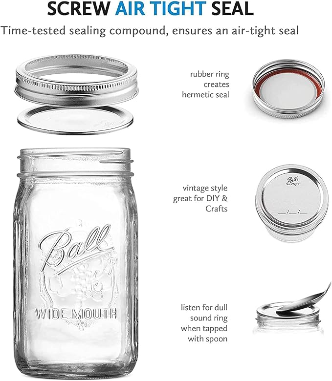 Ball Wide Mouth Glass Mason Jars with Lids and Bands, Used for Canning, Pickling, Juice, Jam, Jelly, Quart Size 32 Ounce (Pack of 6)
