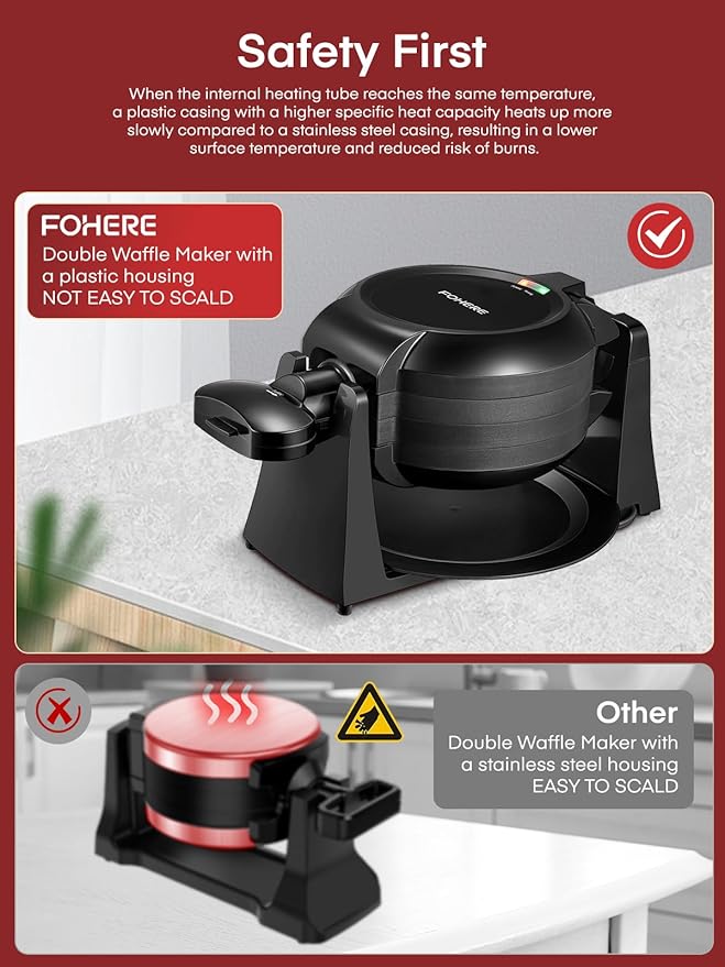 Waffle Maker, 1400W Double Belgian Waffle Iron 180° Flip, 8 Slices in 3 Mins, Rotating & Nonstick Plates, Anti-Scald, Removable Drip Tray Easy to Clean, Cool Touch Handle, Space-Saving Storage(Black)