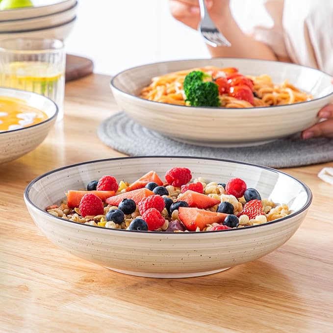 vancasso Bonbon Large Pasta Bowls Set of 6, 50 Oz Ceramic Salad Bowls, Wide and Shallow Bowls Set, Large Serving Bowls for Kitchen, Beige