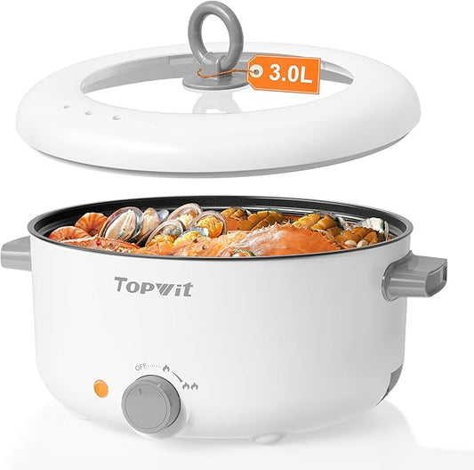 TOPWIT Electric Pot, 3L Hot Pot Electric, Rapid Noodles Cooker, Non-Stick Frying Pan, Multifunctional Electric Hot Pot for Steak, Egg, Ramen, Soup, Shabu Shabu Pot for Camping, RVs, Party, White