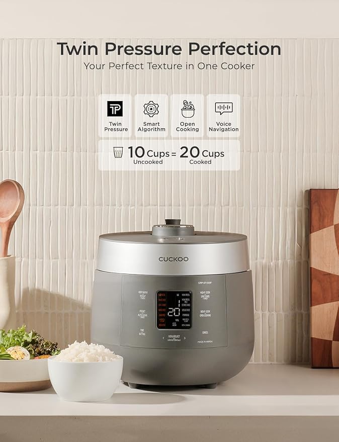 CUCKOO CRP-ST1009FG 10-Cup (Uncooked) / 20-Cup (Cooked) Twin Pressure Rice Cooker & Warmer with Nonstick Inner Pot, 16 Menu Modes, 3 Voice Guide, Auto Clean (Gray)