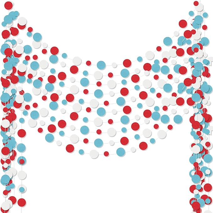 Outus 10 Pieces Colorful Dots Paper Garland Round Glitter Garland Hanging Confetti Streamers Backdrop Decoration for Birthday Classroom Candy Sprinkles Trunk or Treat Party (Light Blue,White,Red)