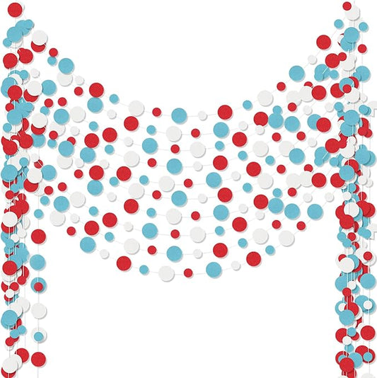 Outus 10 Pieces Colorful Dots Paper Garland Round Glitter Garland Hanging Confetti Streamers Backdrop Decoration for Birthday Classroom Candy Sprinkles Trunk or Treat Party (Light Blue,White,Red)