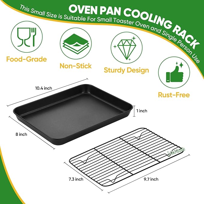 P&P CHEF Baking Oven Sheet Pan with Rack for Cookie, Nonstick Oven Tray and Cooling Rack for Baking & Roasting, Easy Clean, Black, 10.4 x 8 Inch