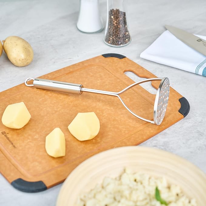 Restaurantware-German Standard Round-Faced Mashers With Ergonomic Handle, 6 Heavy-Duty Potato Mashers - Dishwashable, Durable, Stainless Steel Food Masher, For Avocado, Beans, Sweet Potatoes