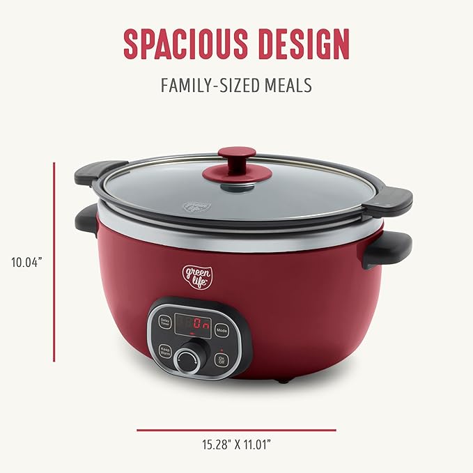 GreenLife 6QT Slow Cooker, Non-Toxic PFAS-Free Ceramic Nonstick Removable Interior Bowl, Programmable, Family Friendly, Keep Warm, Stovetop & Oven Safe, Dishwasher Safe Parts, Timer, Glass Lid, Red