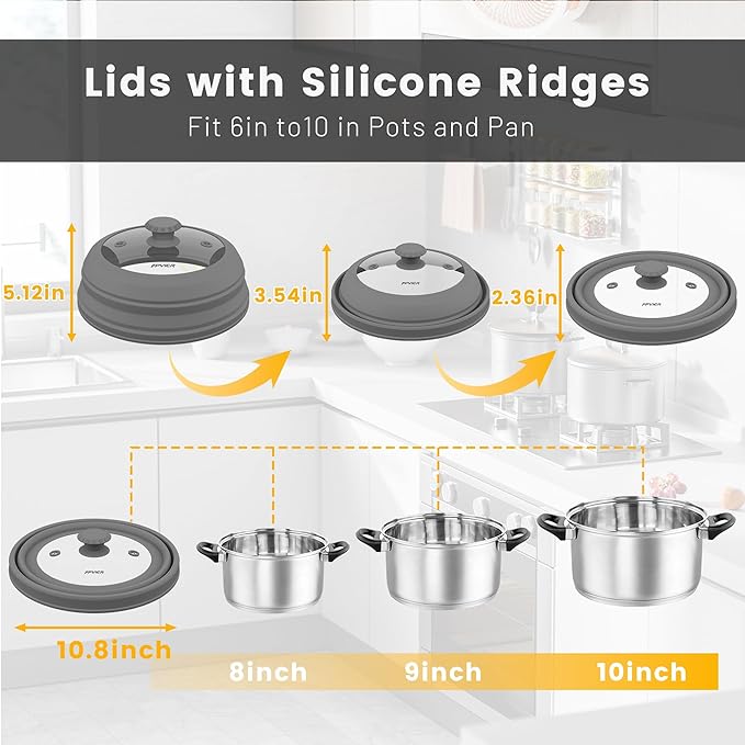 Collapsible Microwave Splatter Cover - Vented Silicone & Glass Lid with Easy-Grip Handle, Fits 6 to 10 Inch Plates & Bowls, 10.8 Inch Diameter, Prevents Splatters & Ensures Even Heating