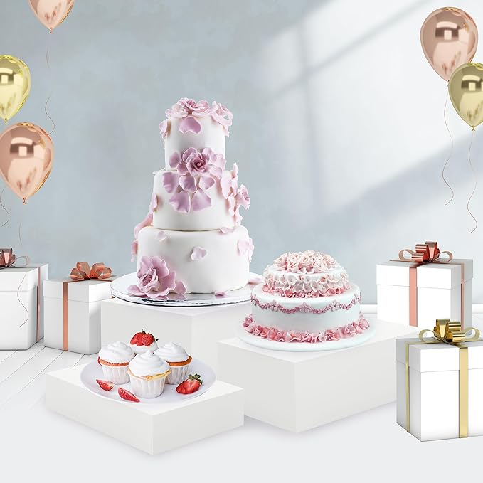 3 Pack White Buffet Food Risers, Step 12” 11”10” Size Acrylic Cube Box Display for Dessert Table Display Set Food Drink Collectibles Jewelry Figures, Display Stands for Retail Vendor Events,5 Side, Rectangle