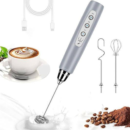 Milk Frother Handheld for Coffee, Electric Whisk 3 Speed Adjustable, Drink Mixer with Stainless 3 Whisks, Rechargeable Hand Frother Wand, for Latte Cappuccino Hot Chocolate Egg Cement Gray
