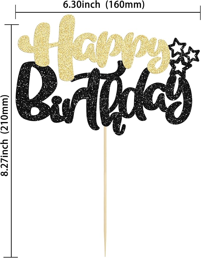 Ephlyn 1Pcs Happy Birthday Cake Topper Glitter Cake Pick for Celebrating Anniversary Theme Party Cake Decorations Supplies Black Gold