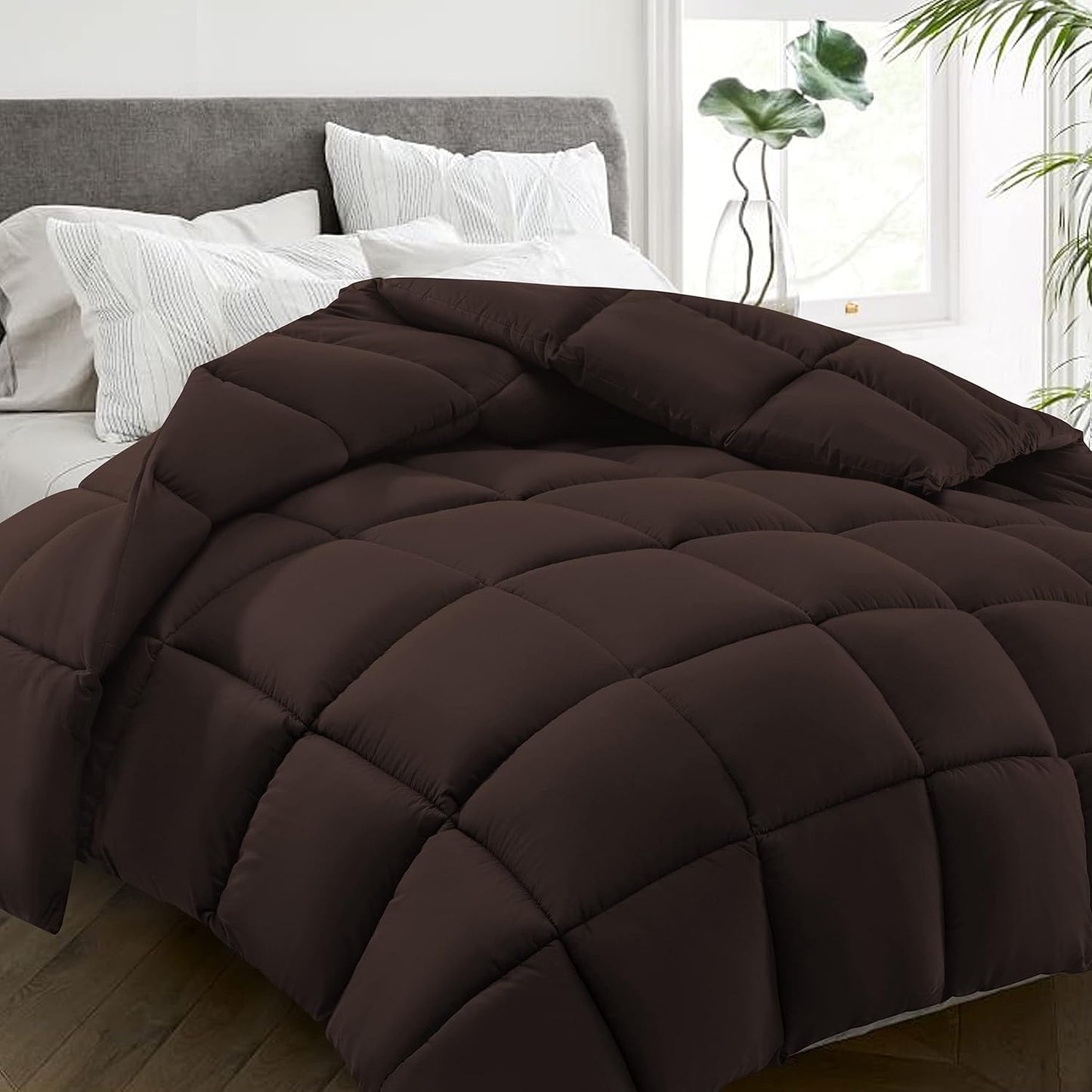 HYLEORY All Season Full Size Bed Comforter - Cooling Down Alternative Quilted Duvet Insert with Corner Tabs - Winter Warm - Machine Washable - Brown