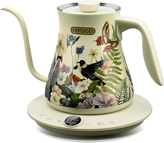 0.8L Gooseneck Electric Kettle, Precise Temperature Control for Pour Over Coffee & Tea, 1200W Fast Boiling Water, Auto Shut Off, Scheduling, Stainless Steel, Floral Painted Design