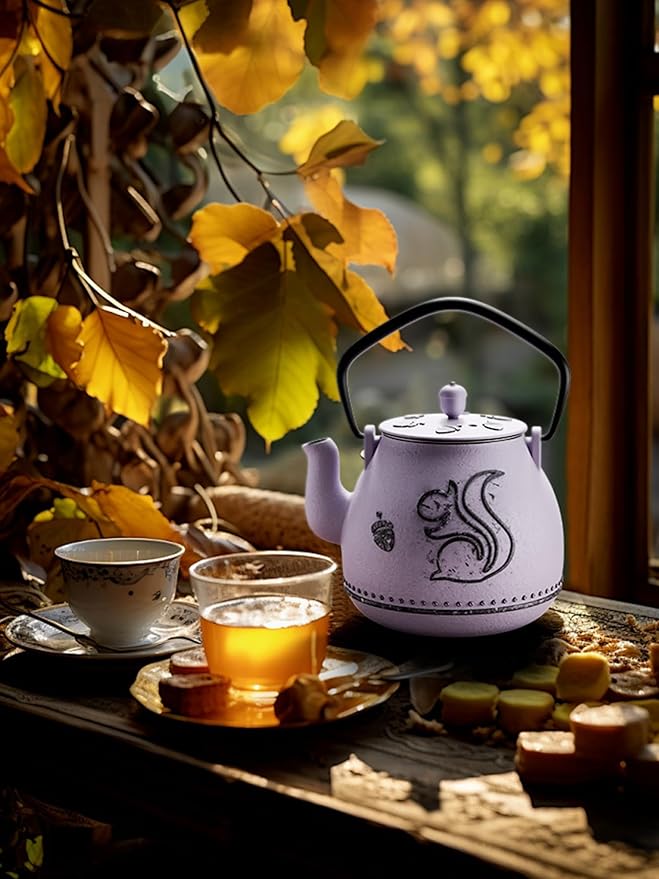 Toptier Teapot with Removable Infuser, Cast Iron Tea Kettle Stovetop Safe, Squirrel Design Tea Pot Coated with Enameled Interior for 32 Ounce (950 ml), Purple
