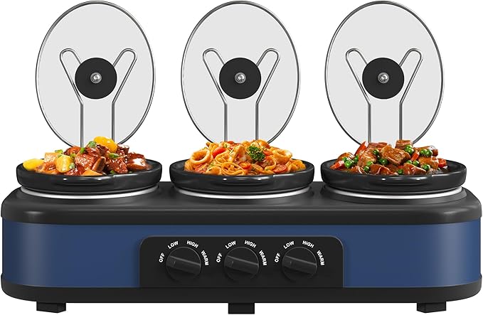 Kiss the Water Triple Slow Cooker Buffet Servers and Warmer,3 Pot Food Small Mini Manual Slow Cooker with Adjustable Temp Stainless Steel Lid Rests,Removable Ceramic Pot, 3 * 1.5 Quarts Blue