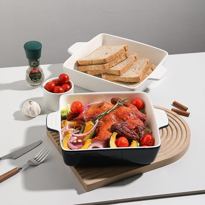 Sweejar Ceramic Baking Dish, 9 x 9 Cake Baking Pan for Brownie, Porcelain Square Bakeware with Double Handle for Casserole, Lasagna, Family Dinner (Navy)