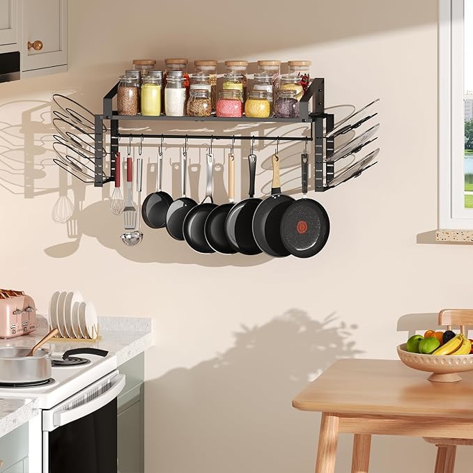 27-Inch Kitchen Pan Pot Rack Wall Mounted-Hanging Pots and Pans Organizer with 12 Hooks and 6 Pot Lid Holders,Heavy Duty Steel Pot and Pan Hanger for Cookware Utensils Storage,Screw-Upgraded Version