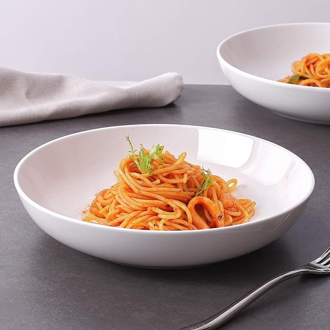 DOWAN 9.75" Pasta Bowls Set of 4, Large Shallow White Ceramic Salad Bowls, 50oz Wide Dinner Bowls for Pasta, Soup, Salad & Stew, Microwave & Dishwasher Safe, Housewarming Gift