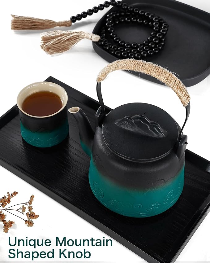 ZENS Vintage Japanese Tea Set, Gradient Embossed Ceramic Japanese Teapot with 4 Teacups, Hemp Rope Handle 33.8 oz Loose Leaf Teapot with Built-in Strainer for Tea Steeper Gifts, Black & Green