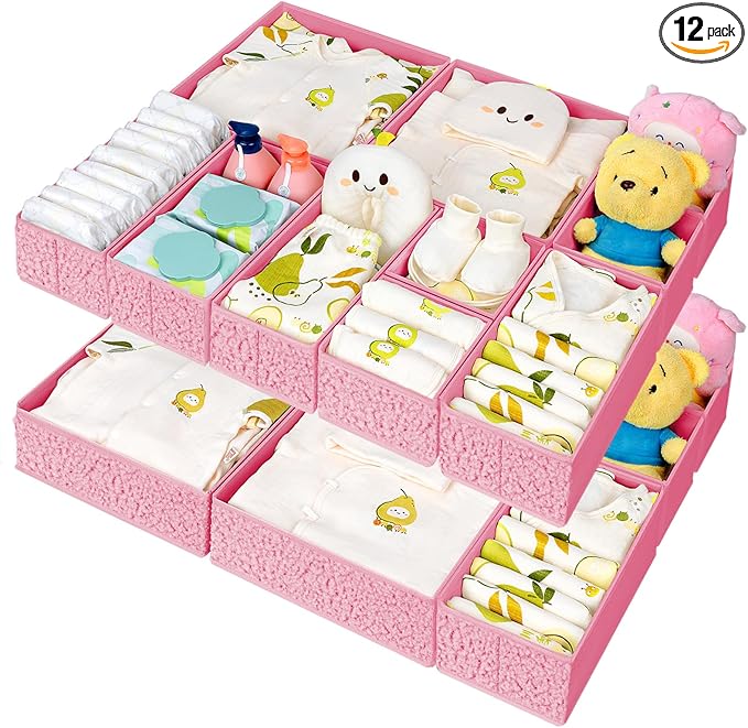 Drawer Organizer Clothes - 18 Pack Dresser Organizer for Nursery, Foldable Sock Underwear Organizer, Baby Drawer Organizer, Small Fabric Storage Bins for Dresser Drawer, Pink