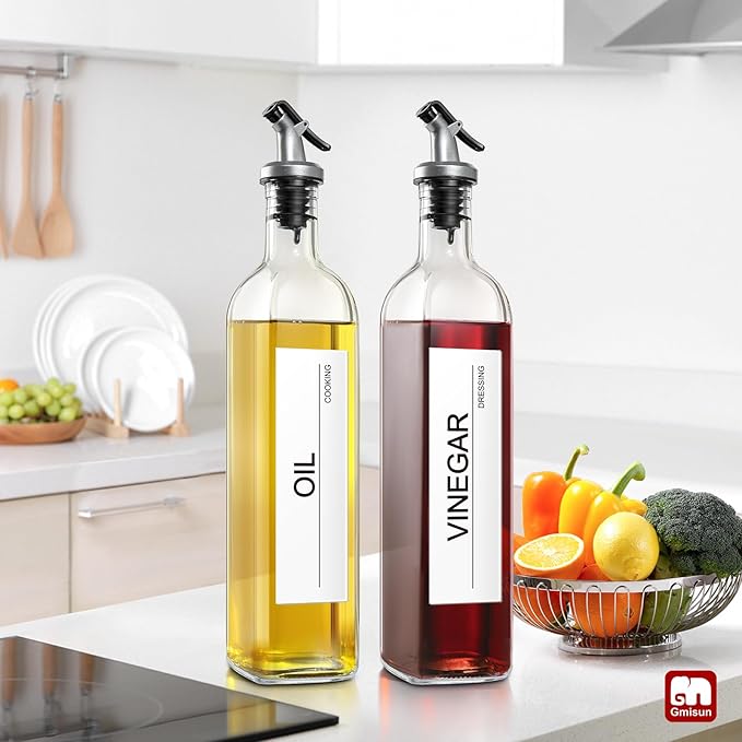 GMISUN Olive Oil Dispenser for Kitchen 4 Pack, Glass Oil Dispenser Bottle 17 fl oz, Cooking Soy Sauce Bottle Container Cruet with Plastic Pourer Spout, Funnel and Labels, Clear