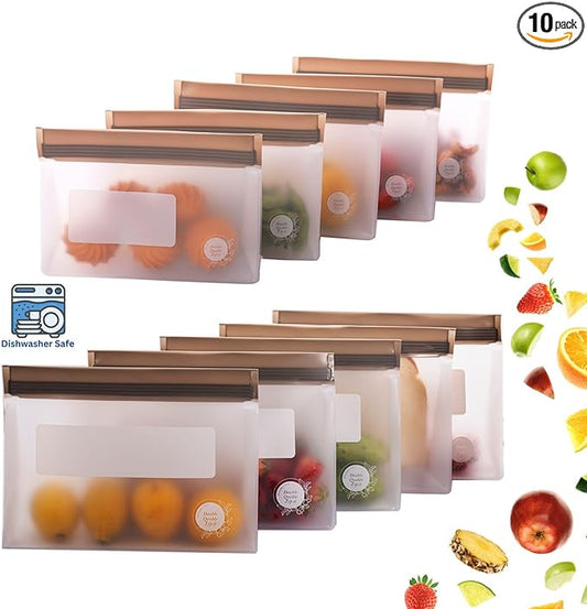 Reusable Silicone Food Storage Bags – 10-Pack Stand-Up, BPA-Free, Freezer, Dishwasher Safe, & Eco-Friendly – 5 L, 5 M Bags – Airtight Leakproof Sandwich, Snack, Travel & Make-Up baggies (Grey)