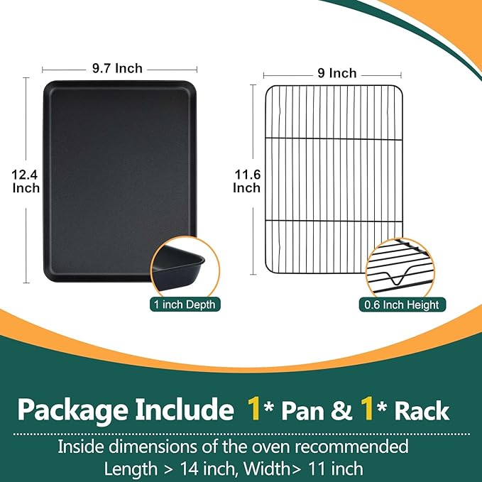 P&P CHEF Baking Oven Sheet Pan with Rack for Cookie, Nonstick Oven Tray and Cooling Rack for Baking & Roasting, Easy Clean, Black, 12.4 x 9.7 Inch