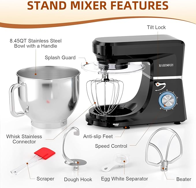 8.45 QT Stand Mixer - 660W 6 Speed Large Capacity Kitchen Electric Mixer with Whisk Dough Hook Mixing Beater Household Food Mixer for Baking Cakes Cookie Bread Salad (Black)