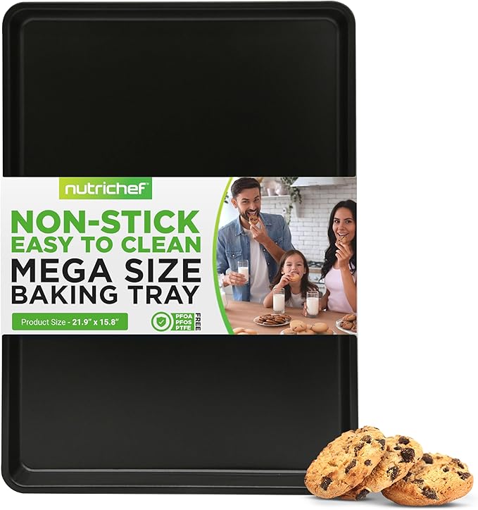 NutriChef Nonstick XL Cookie Sheet Baking Pan - Extra Large 22 Inch x 16 Inch with Raised Edges, Thick Carbon Steel Oven Baking Sheet for Jelly Rolls, Cookies, Cakes, & Pastries - Black
