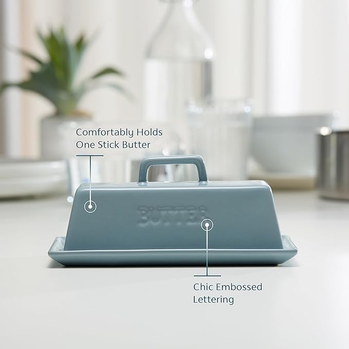 Kook Ceramic Butter Dish with Lid, Kitchen Countertop Butter Keeper, Serving Tray with Cover, Storage Container, Holds 1 Stick, Microwave and Dishwasher Safe, Casper Blue