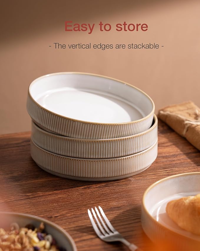 famiware Star 8.25" Pasta Bowls, Large Dinner Bowls Set of 4, Salad Bowl Plates, Shallow Bowls for Eating, Cappuccino White