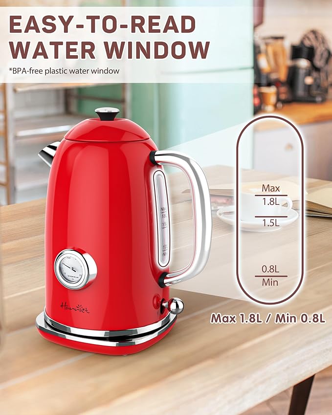 Harriet Electric Kettle, 1.8L Retro Electric Tea Kettle with Thermometer, 1500W Stainless Steel Hot Water Kettle Electric with LED Indicator, Fast Boiling, Cordless, Auto Shut-Off, Red