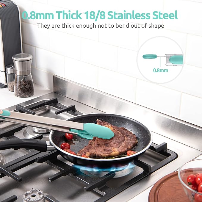 Heat Resistant Silicone Kitchen Tong: U-Taste 16 inch Extra Long Large 480ºF Hot Proof Cooking Tong with Sturdy Non Stick Rubber Tips & Non Slip Silicon Coated Steel Handle for Grilling BBQ (Aqua Sky)