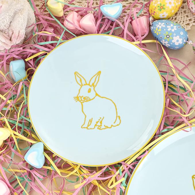 KIRE 60 Pieces Easter plates with Gold Bunny-Mint Green Plastic Plates include 30Pieces 10.25inch Dinner Bunny and 30Pieces 7.5inch Green Dessert/Salad Plates for Easter Day