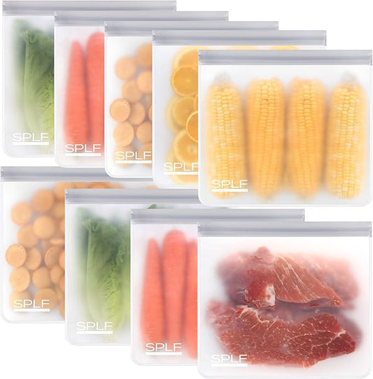 SPLF 9 Pack Reusable Gallon Freezer Bags, BPA Free 1 gallon Leakproof Silicone and Plastic Free Food Storage Bags for Meal Prep, Fruits, Sandwich, Snack, Travel Items