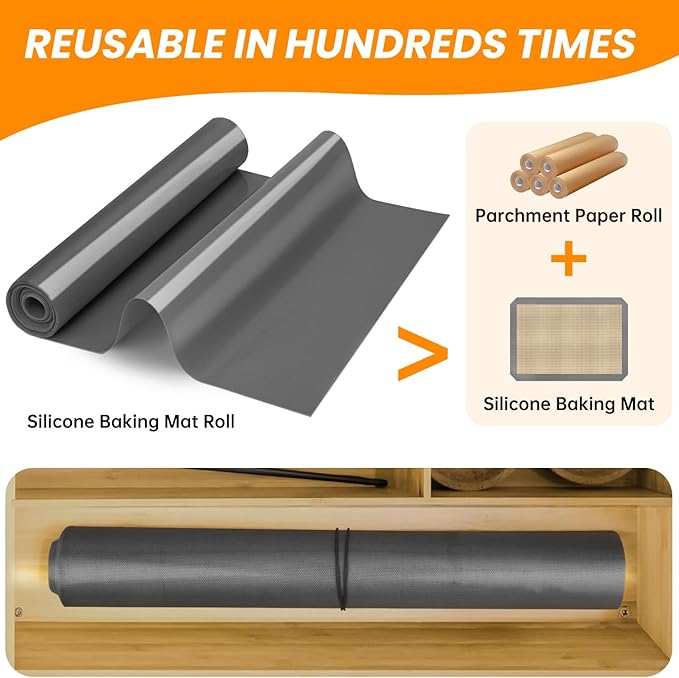 Silicone Baking Mat Roll -Cut to Size Silicone Mat - Non-Stick Pastry Mat for Dough Rolling, Non-slip Silicone Mat for Kitchen Counter, Reusable Air Fryer Linner, Oven Liner, Freeze Dryer Mat