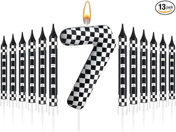 13 Pcs Racing Cars Themed Birthday Candles Black and White Race Number 7 Checkered Candle Cake Topper for Racing Car Party Decoration Supplies (Number 7)