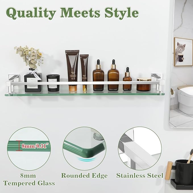 Alise Bathroom Shelf Wall Mounted, Polished Chrome Large Capacity Glass Shelf for Bathroom, 24 inch