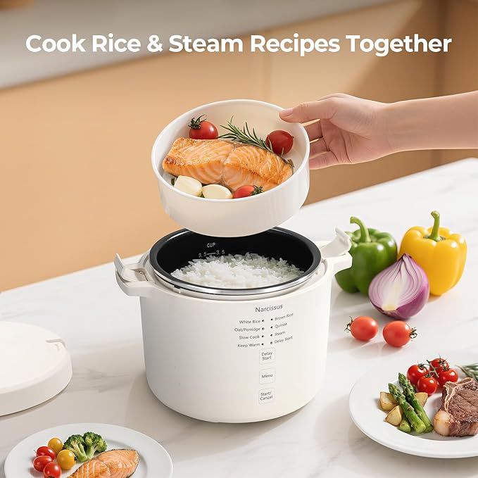 Narcissus 3.5-Cup Rice Cooker for 1-3 People, Multifunctional for Rice, Oatmeal, Quinoa - Slow Cook, Steam, Cook Rice & Steam Dish Together, White