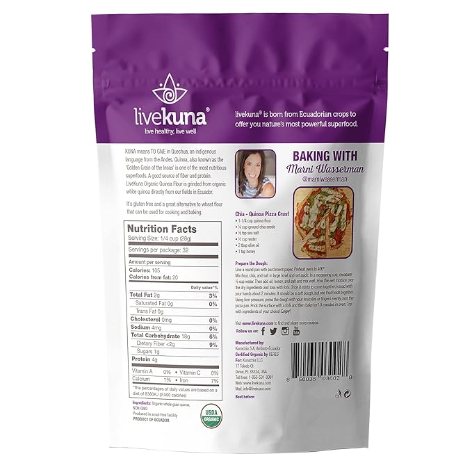 LiveKuna Organic Quinoa Flour - Gluten Free All Purpose Flour & Wheat Flour Alternative For Baking & Cooking Recipes - Vegan Quinoa Flour, Rich In Protein & Fiber for Keto & Paleo Diets, 32oz Bag
