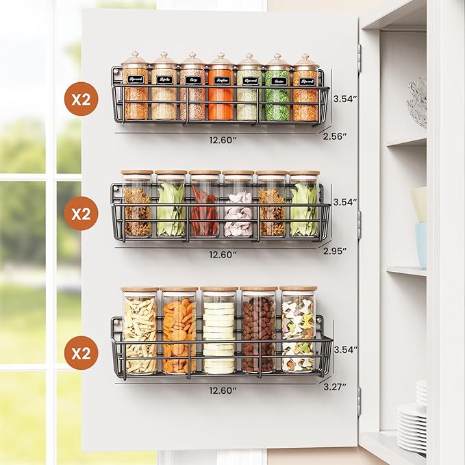 Spice Rack wall mounted 6 Pack, Space-Saving Spice Organizer for Spice Jars and Seasonings,Screw or Adhesive Hanging Spice Rack Organizer for Your Kitchen Cabinet,or Pantry Door