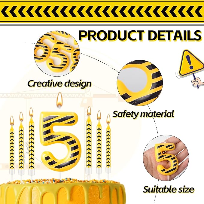 13 Pcs Construction Themed Birthday Candles Set Yellow and Black Number 5 Candle Cake Topper for Construction Party Decoration Supplies (Number 5)